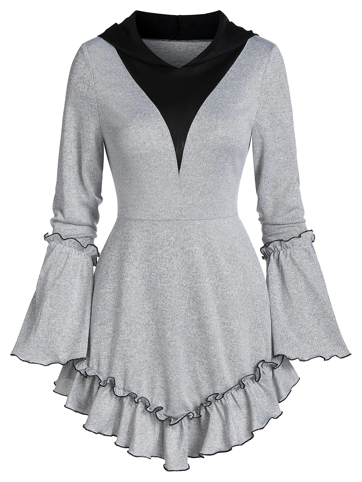 Trumpet Sleeve Hooded Ruffled Sweater